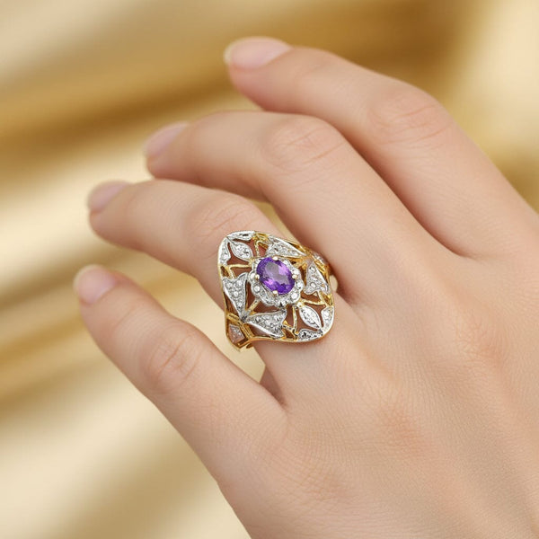 Vintage 10K White & Yellow Gold Floral Amethyst Ring - Boylerpf