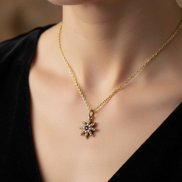 Antique 14K Gold Pearl Ruby Star Charm Pendant - Boylerpf