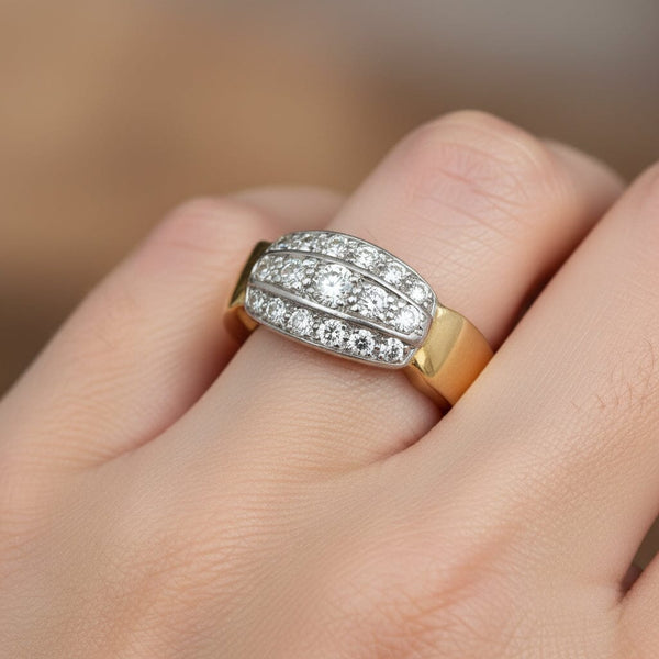 Art Deco Platinum 14K Gold Mine Cut Diamond Ring Band, Unisex