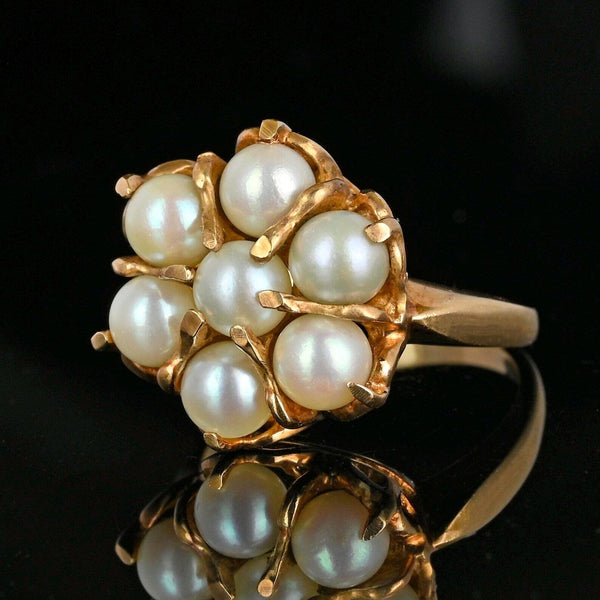 Vintage 10K Gold Pearl Halo Cluster Ring - Boylerpf