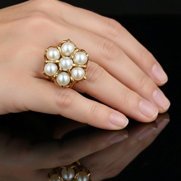 Vintage 10K Gold Pearl Halo Cluster Ring - Boylerpf