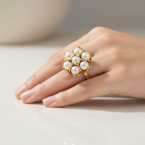 Vintage 10K Gold Pearl Halo Cluster Ring - Boylerpf