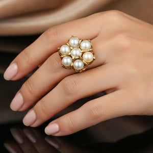 Vintage 10K Gold Pearl Halo Cluster Ring - Boylerpf