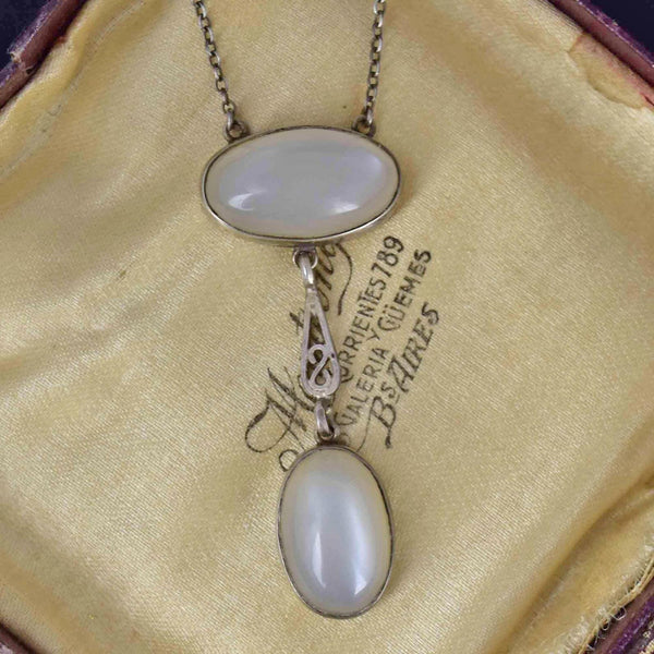 Art Deco Silver Moonstone Cabochon Pendant Necklace - Boylerpf