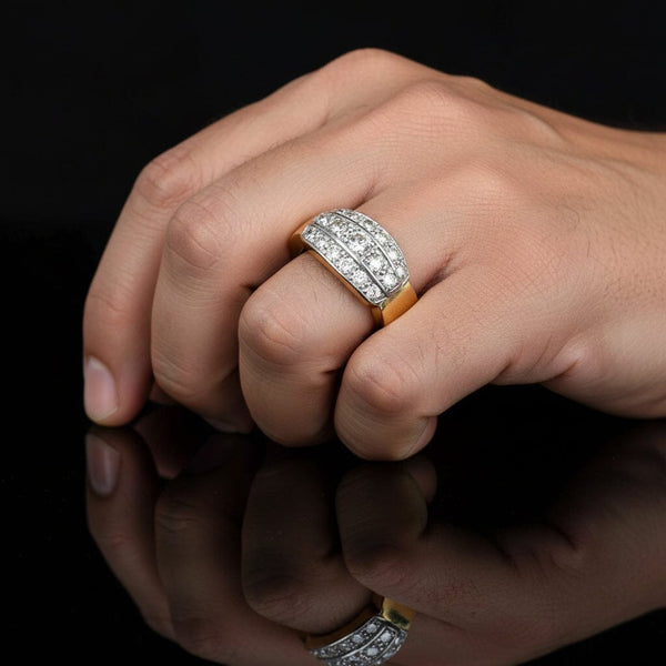 Art Deco Platinum 14K Gold Mine Cut Diamond Ring Band, Unisex