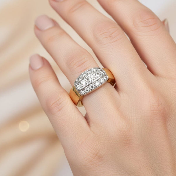 Art Deco Platinum 14K Gold Mine Cut Diamond Ring Band, Unisex