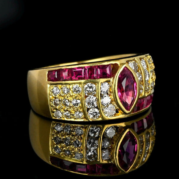Wide 18K Gold Diamond Marquise Ruby Ring Band - Boylerpf