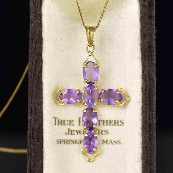 Vintage 14K Gold Amethyst Cross Pendant Necklace - Boylerpf