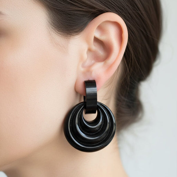 Antique Victorian Carved Hoop Whitby Jet Earrings - Boylerpf