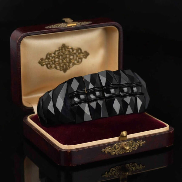 Antique Victorian Geometric Carved Whitby Jet Bracelet - Boylerpf