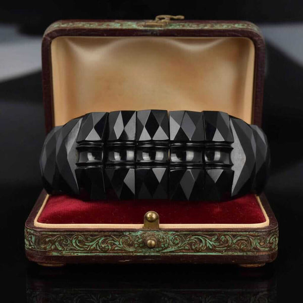 Antique Victorian Geometric Carved Whitby Jet Bracelet - Boylerpf