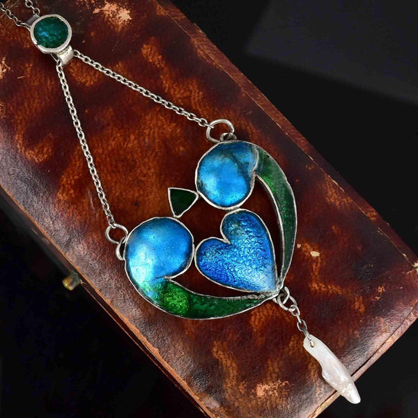 Silver Art Nouveau Blue Green Enamel Baroque Pearl Necklace - Boylerpf