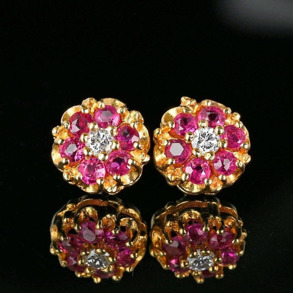 Large Diamond Ruby Cluster Stud Earrings in 14K Gold - Boylerpf