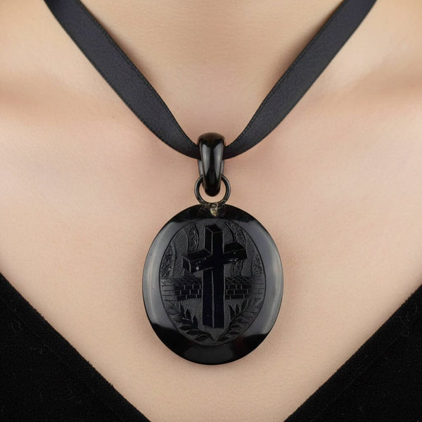 Antique Victorian Carved Cross Whitby Jet Locket Pendant