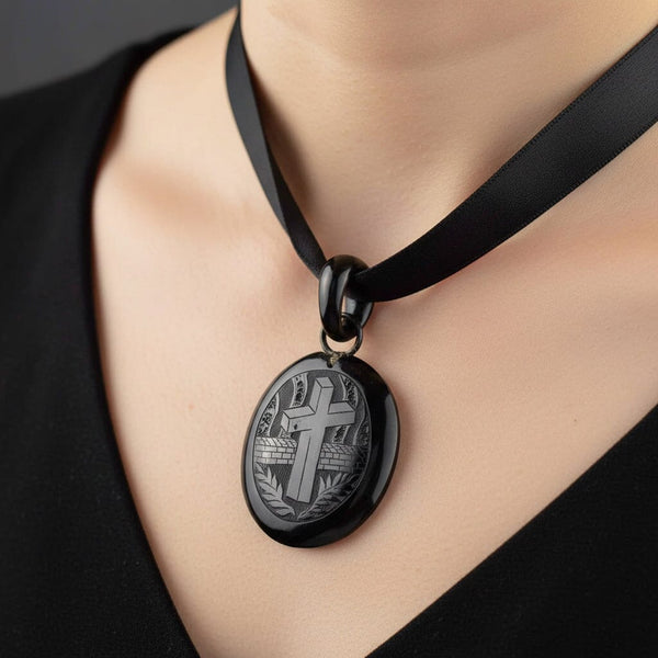 Antique Victorian Carved Cross Whitby Jet Locket Pendant