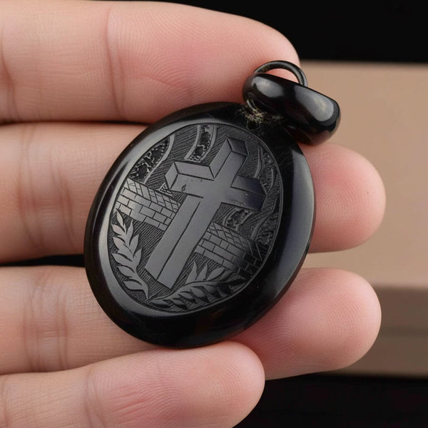 Antique Victorian Carved Cross Whitby Jet Locket Pendant