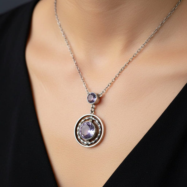 Art Deco Sterling Silver Amethyst Pendant Necklace - Boylerpf