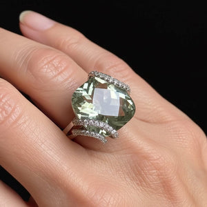 14K White Gold Diamond Checkerboard Cut Prasiolte Ring - Boylerpf