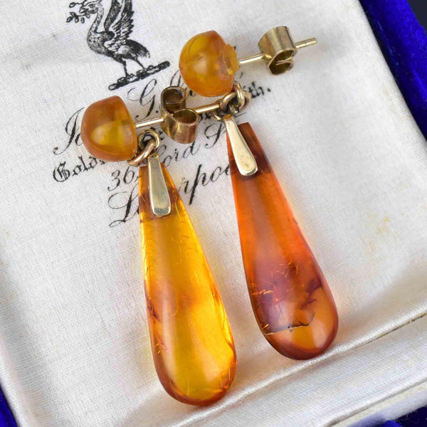 Antique Art Deco 9K Gold Baltic Amber Dangle Earrings