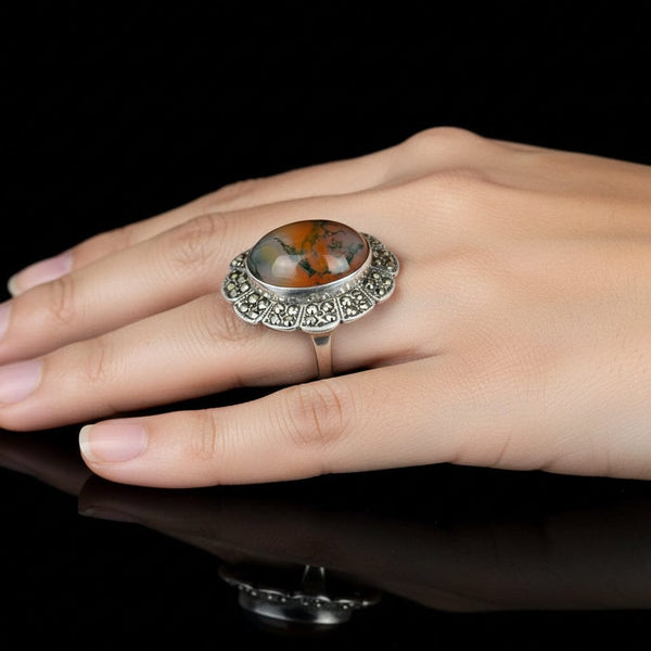 Antique Silver Marcasite Moss Agate Cabochon Ring - Boylerpf