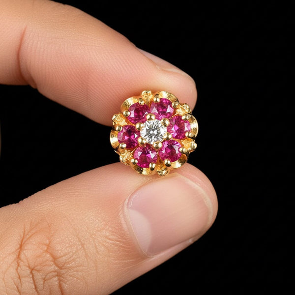 Large Diamond Ruby Cluster Stud Earrings in 14K Gold - Boylerpf