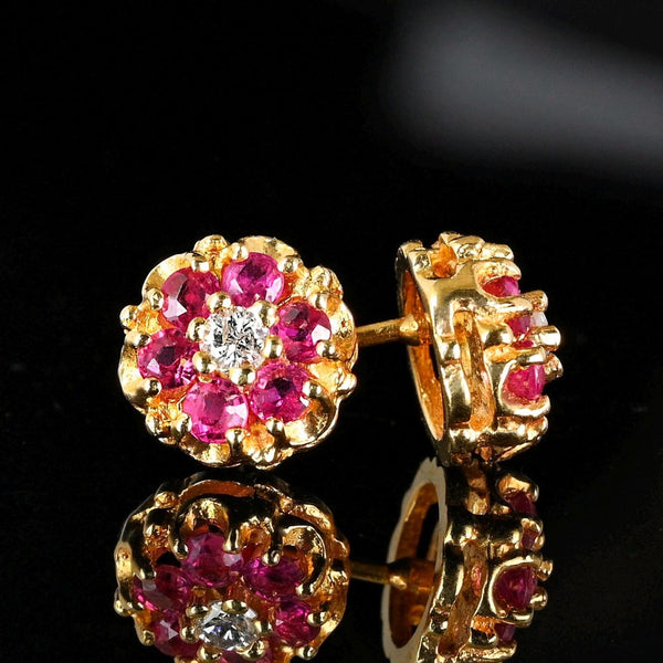 Large Diamond Ruby Cluster Stud Earrings in 14K Gold - Boylerpf