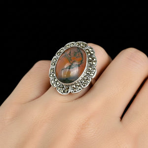 Antique Silver Marcasite Moss Agate Cabochon Ring - Boylerpf