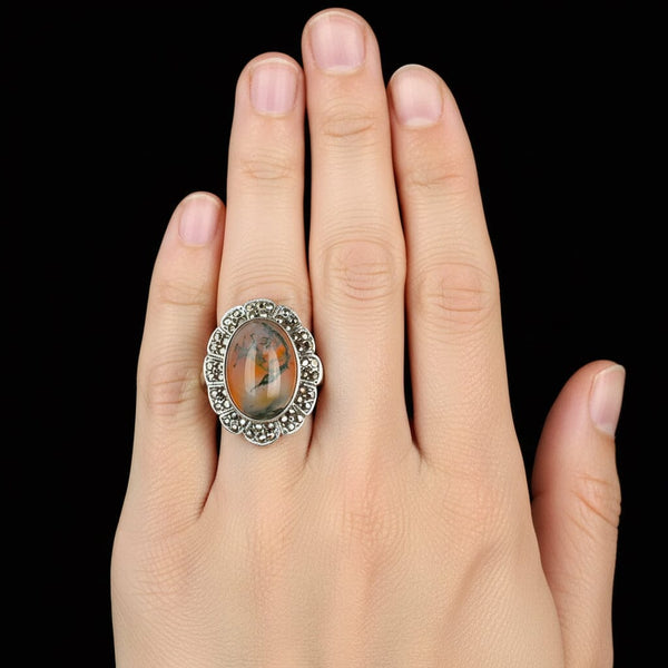 Antique Silver Marcasite Moss Agate Cabochon Ring - Boylerpf