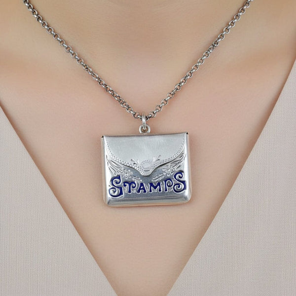 Sterling Silver Blue Enamel Envelope Stamp Case Pendant - Boylerpf