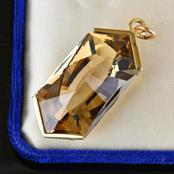 Mid Century 14K Gold Fancy Cut 75 CTW Smoky Quartz Pendant - Boylerpf