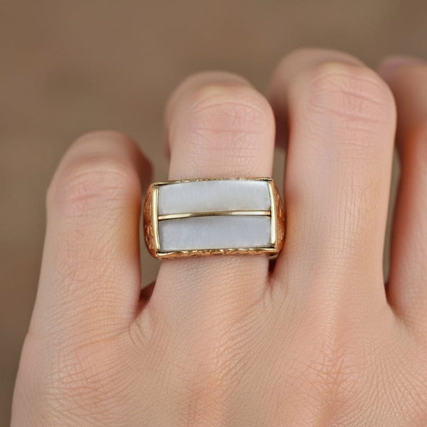 Vintage Mings Engraved 14K Gold Jade Saddle Ring