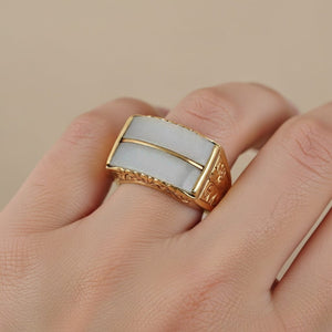 Vintage Mings Engraved 14K Gold Jade Saddle Ring - Boylerpf