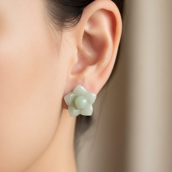 14K Gold Moss in Snow Jade Stud Earrings with Jackets