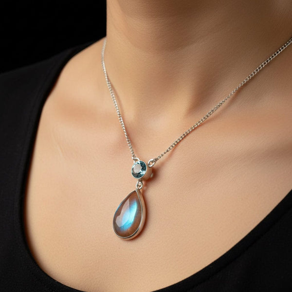 Vintage Art Deco Blue Zircon Saphiret Glass Necklace - Boylerpf