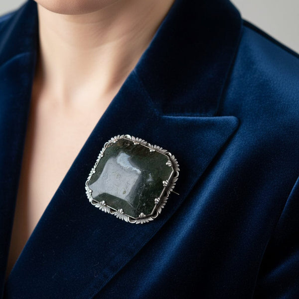 Antique Large Silver Picture Moss Agate Brooch - Boylerpf