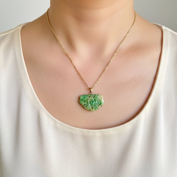 Vintage Carved Butterfly Moth 14K Gold Jade Pendant - Boylerpf