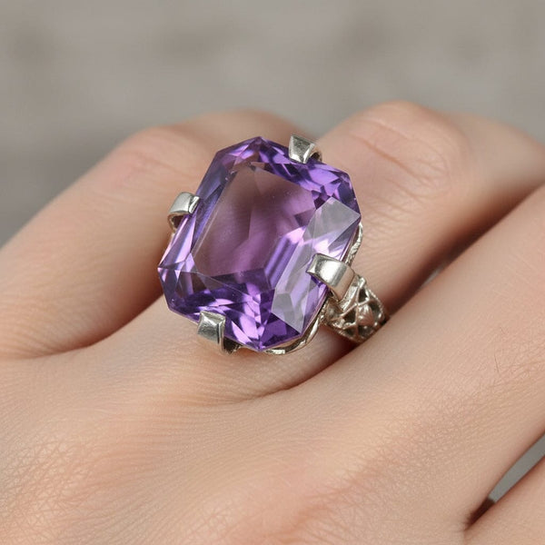 Art Deco 18K White Gold Filigree Amethyst Ring - Boylerpf