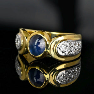 Wide 14K Gold Diamond Sapphire Cabochon Ring Band - Boylerpf
