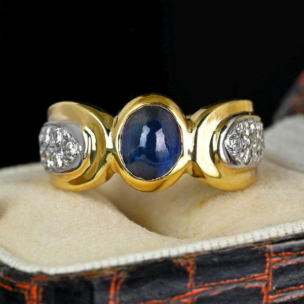 Wide 14K Gold Diamond Sapphire Cabochon Ring Band - Boylerpf