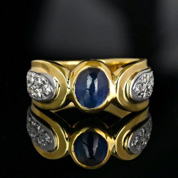 Wide 14K Gold Diamond Sapphire Cabochon Ring Band - Boylerpf