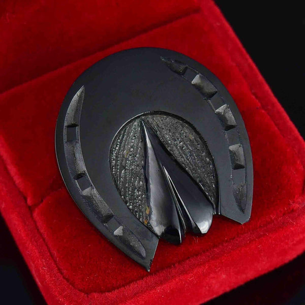 Antique Victorian Carved Whitby Jet HorseShoe Brooch - Boylerpf
