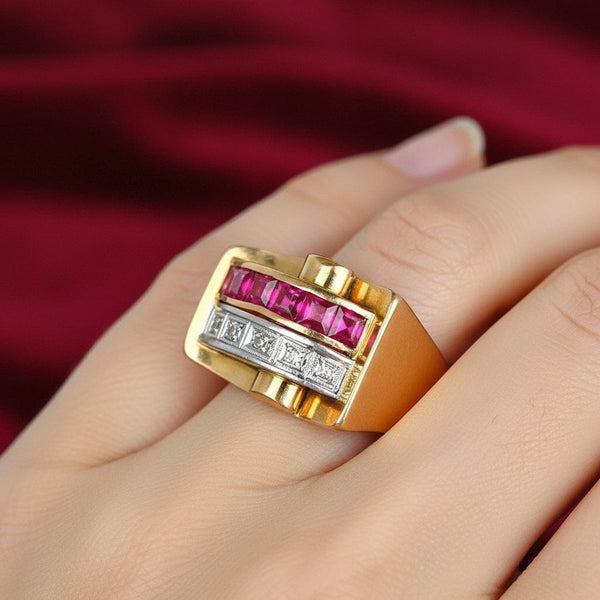Retro 1940s 18K Gold Diamond Ruby Tank Ring - Boylerpf