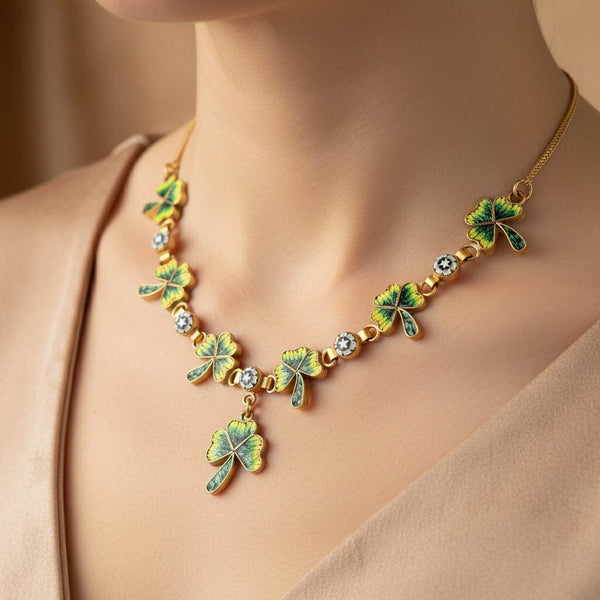 Antique Rare Design Shamrock Clover Micro Mosaic Necklace