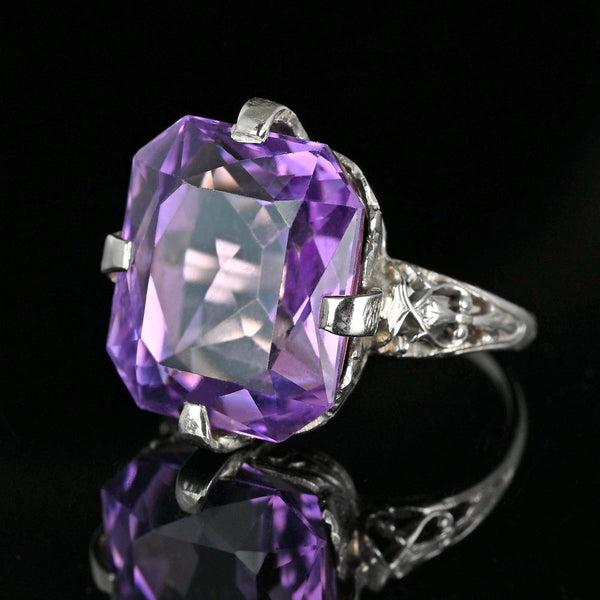 Art Deco 18K White Gold Filigree Amethyst Ring - Boylerpf