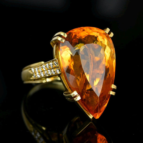 Vintage Heavy 18K Gold Diamond Pear Cut Citrine Ring - Boylerpf
