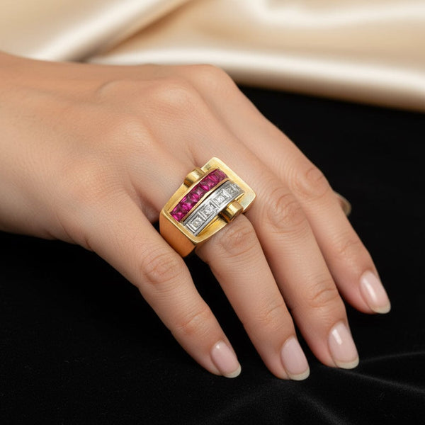 Retro 1940s 18K Gold Diamond Ruby Tank Ring - Boylerpf