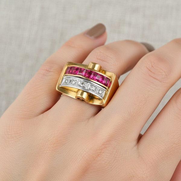 Retro 1940s 18K Gold Diamond Ruby Tank Ring - Boylerpf