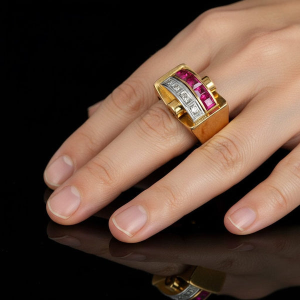 Retro 1940s 18K Gold Diamond Ruby Tank Ring - Boylerpf