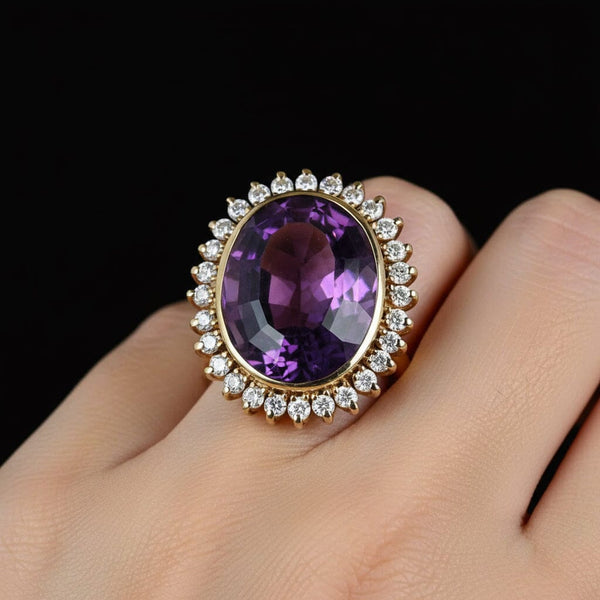 Heavy 14K Gold 1 CTW Diamond Halo Amethyst Ring - Boylerpf