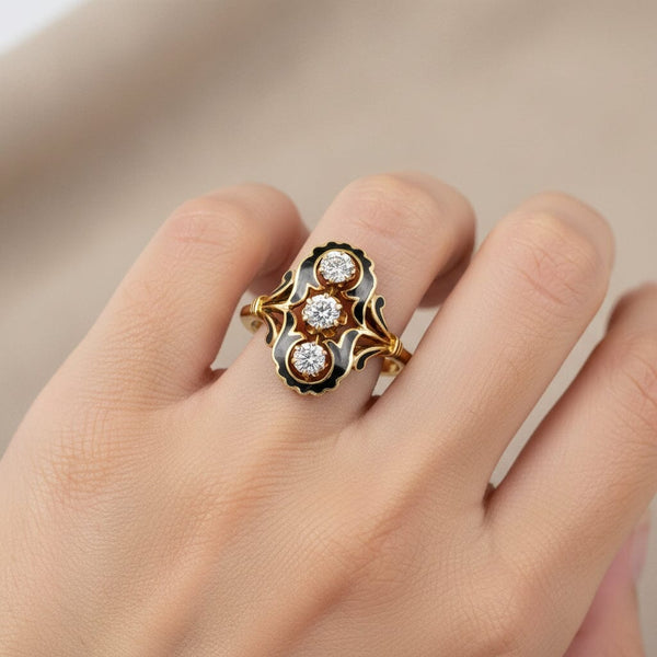 Edwardian Style Black Enamel 14K Gold Diamond Ring